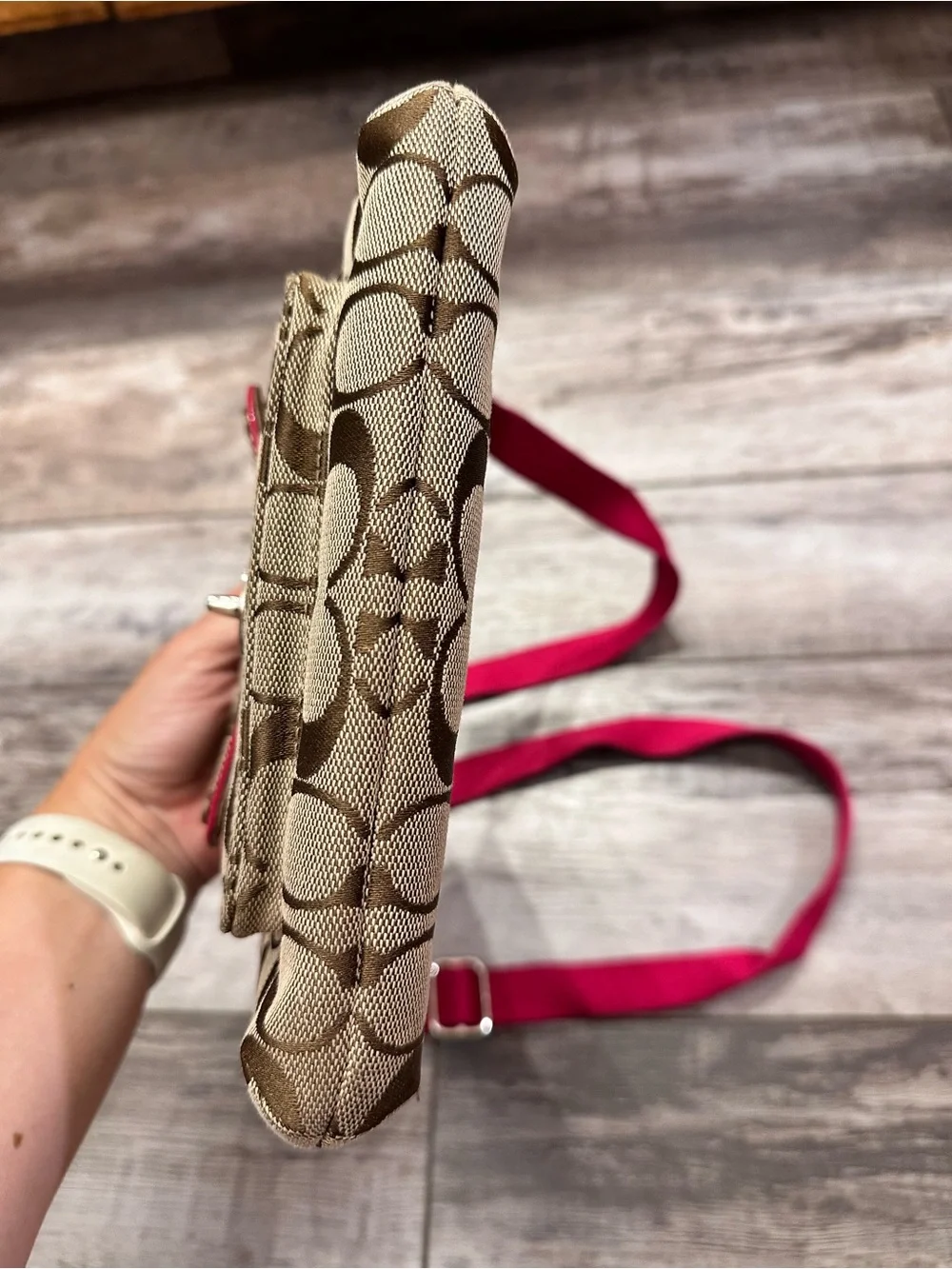 Coach Brown Signature Crossbody with Pink Trim and Strap